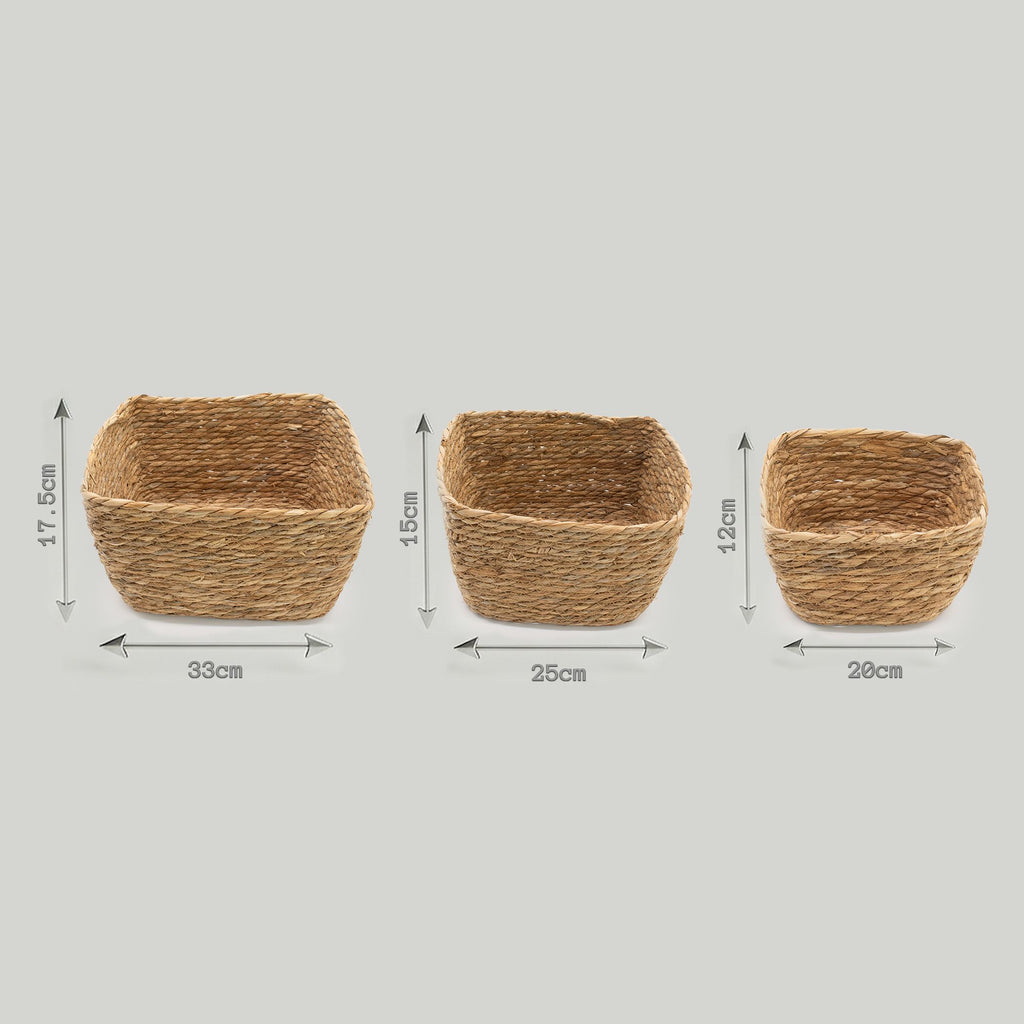 Set of 3 Square Seagrass Baskets – Natural Woven Storage Baskets – Handmade Home Organisers (20-33cm)