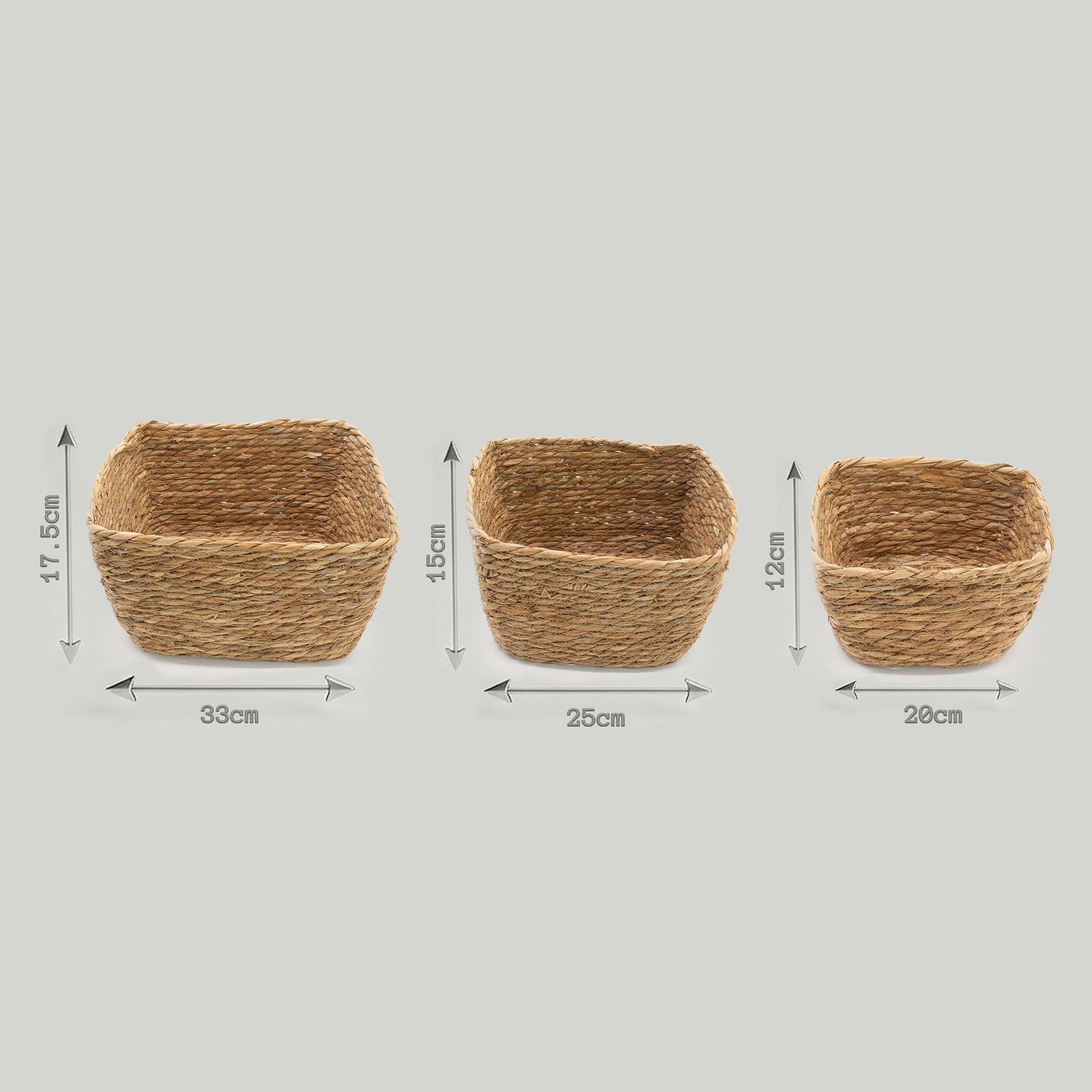 Set of 3 Square Seagrass Baskets – Natural Woven Storage Baskets – Handmade Home Organisers (20-33cm)